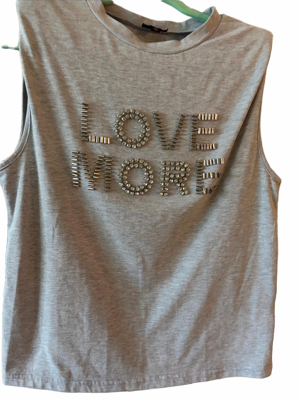 Y2K On twelfth Rhinestone”Love More”embellished grey tee shirt/shoulder pads.S